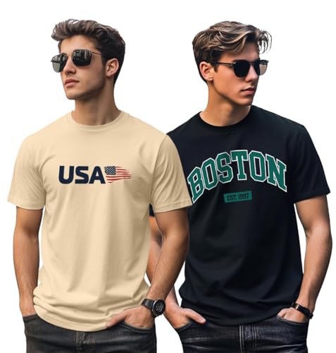 Image of Veirdo 100% Pure Cotton Regular Fit Cool & Trendy Front Printed Half Sleeve T-Shirt Combo for Men (Available Colors: Black, Navy, Swanwhite, White & Green)
