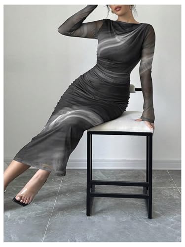 Image of Milumia Women's Tie Dye Boat Neck Long Sleeve Fall Dress Ruched Bodycon Maxi Slimming Dresses Cocktail Party