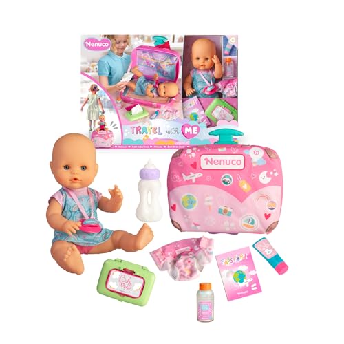 Nenuco - Viaja Conmigo, Muñeco de 30 cm con Cuerpo Duro con Maleta Cambiador, Incluye Cinturón para Transporte Seguro y 6 Accesorios de Cuidado, +2 años, Famosa (NFNC9000)
