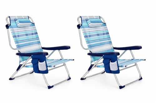 ARW   Silla de Playa Plegable con Bolsillo Lateral, 5 Posiciones Reclinables, Estructura de Aluminio Ligera, Cojín Reposacabezas, Asas Mochila y Cierre Clic, Soporta 110 kg (Rayas Azules PACK 2)