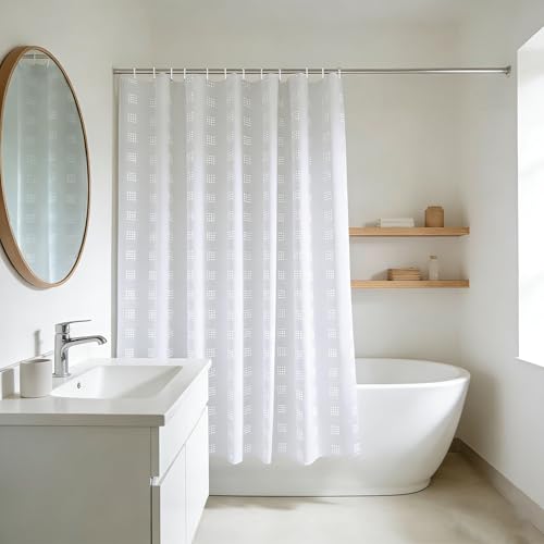 YISURE Rideau de Douche Court pour Salle de Bain, Motif géométrique Blanc Rideau Douche Tissus Lavable Polyester avec œillets métalliques, Largeur 180 x...