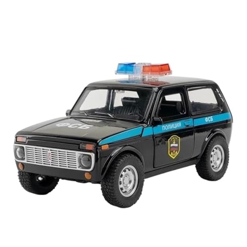 Modelos A Escala 1 18 para El Modelo Coche De Policía Ruso Lada NIVA De Metal Fundido A Presión con Sonido Y Luz La Puerta Se Puede Abrir Decoración del Hogar(Negro)