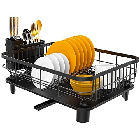 Tianqinuk Draining Rack with Utensil Holder Cup Holder,Stainless Steel Dish Rack with Swivel Drainage Spout,Washing Up Rack for Kitchen Counter Black Cover