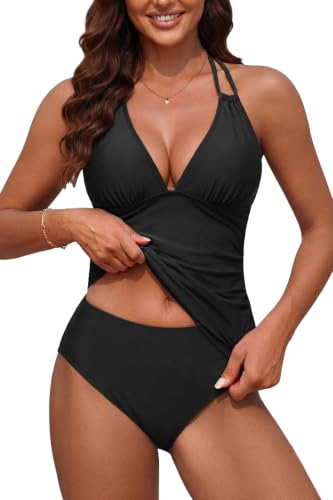Image of Yonique Womens Two Piece Swimsuits Tummy Control Tankini Plus Size Bathing Suit Halter V Neck Swimwear