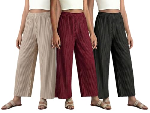 Image of Set of Combo Trouser and Pants for Girls and Women's Relaxed Fit Stretchable Regular Fit Palazzos Lightweight Elastic Waistband Bottoms for Daliy Office & Casual Wear