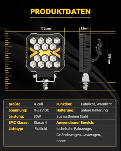 CO LIGHT 4 Zoll Quadratische LED Arbeitsscheinwerfer 2 stück 15000LM 12V 24V Arbeitsscheinwerfer IP68 Rückfahrscheinwerfer LED für Baufahrzeuge, Geländewagen, LKW, UTV und ATV