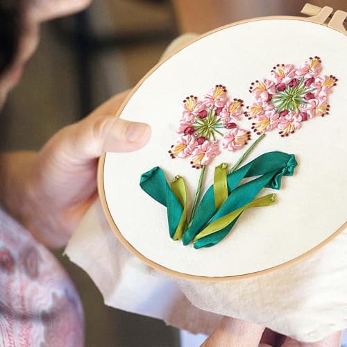 Image of LOMOHOO 4 Sets Ribbon Flower Embroidery Kit for Beginners, Needlepoint Stamped Cross Stitch Starter Kits, Stitch Learning DIY Kit with Floral Pattern, Thread, Hoops, Colorful Ribbons Flower