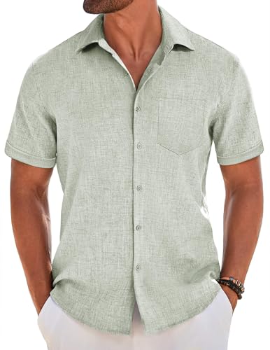 COOFANDY Men's Short Sleeve Button Down Shirt Casual Linen Shirts Summer Beach Vacation Shirt with Pocket