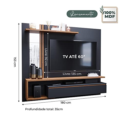 Painel Para Tv até 60 Polegadas 100% Mdf Preto Chumbo Savana 180cm Treviso Permobili Móveis Sala
