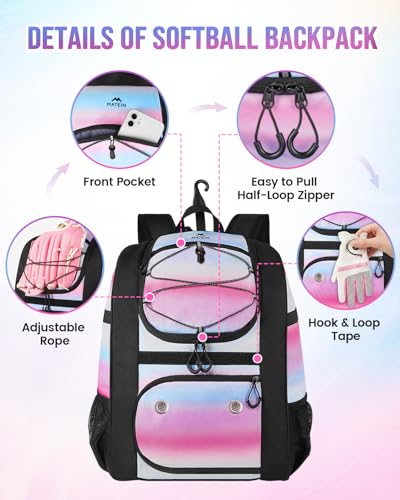 Image of MATEIN Softball Bag, Lightweight Baseball Backpack with Shoe Compartment, Baseball Bag with Fence Hook for TBall Bat & Equipment, Softball Gifts Catchers Backpack for Women Fit Catcher's Mitt, Helmet