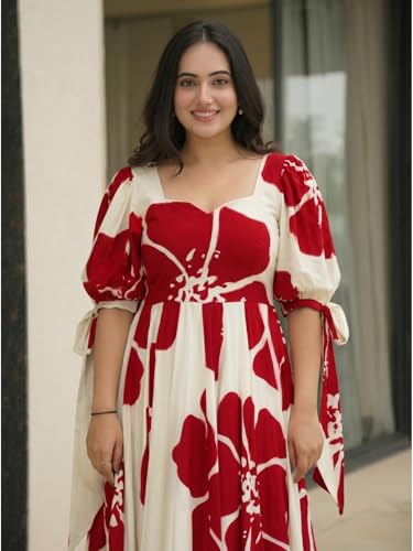 Image of Modestouze Attires Women's Floral Pattern Rayon Blend Maxi Dress with Sweetheart Neck Half Puff Sleeve Floor Length and Zipper Closure Type | Maxi Dress for Women Stylish | Dress for Women