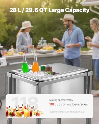 Image of VEVOR Commercial Ice Bin, Underbar Ice Bin, Stainless Steel Ice Chest with Sliding Lid, Bottle Holders, Adjustable Bullet Feet, Cooler Cart Cocktail Unit for Bar Restaurant Pub