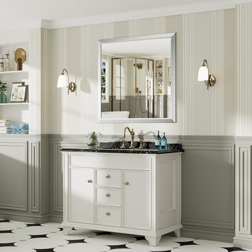 40x38 Inch Silver Bathroom Mirror for Wall, Thick Metal Framed Rectangle Mirrors for Over Sink, Bedroom, Living Room, Entryway, Anti-Rust, HD Tempered Glass
