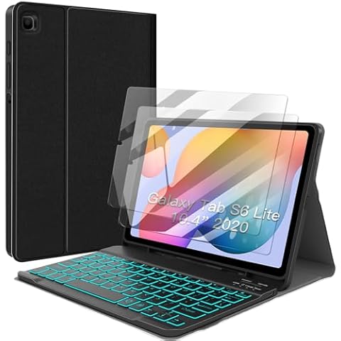 JUQITECH Samsung Galaxy Tab S6 Lite Backlit Keyboard Case and 2 Pack Screen Protector, for Galaxy Tab S6 Lite 10.4" 2022/2020 Smart Tablet Cover Case with Detachable Wireless Keyboard S Pen Holder Cover