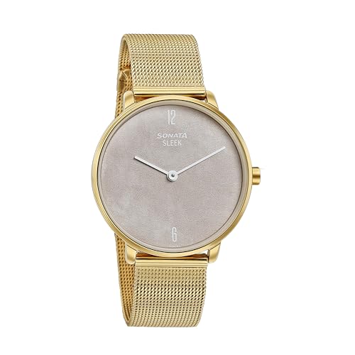 Image of Sonata Sleek Light Yellow Dial Stainless Steel Strap Analog Watch for Women-8191YM01