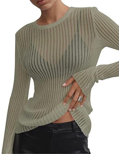 Image of KAMISSY Women See Through Crew Neck Sheer Mesh Knitted Sweater Solid Basic Long Sleeve Loose Fit Knit Pullover Jumper Top