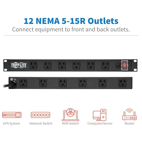 Image of Eaton Tripp Lite 12-Outlet 1U Rack Mount Power Strip PDU, Six Front & Six Rear Facing Outlets, 15A, 120V, 15ft Extension Cord with Flat Plug, Rackmount for DJ Equipment and Server Racks (RS1215-RA)