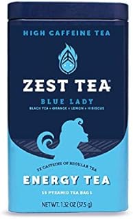 Zest Tea Premium Energy Hot Tea, High Caffeine Blend Natural & Healthy Black Coffee Substitute, Perfect for Keto, 135 mg Caffeine per Serving, Blue Lady Black Tea, Tin of 15 Sachet Bags