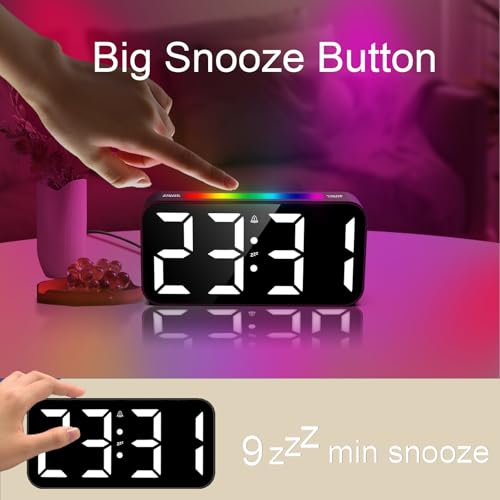 Image of Topski Loud Alarm Clocks for Bedrooms Heavy Sleepers, Plug-in Digital Bedside Clock with RGB Night Light, Large Display, Dual Alarm, Snooze, Dimmable, 3 Volumes, Plastic, Black
