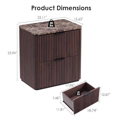 Image of Curved Fluted Nightstand Set of 2, Faux Marble Top, Dark Oak