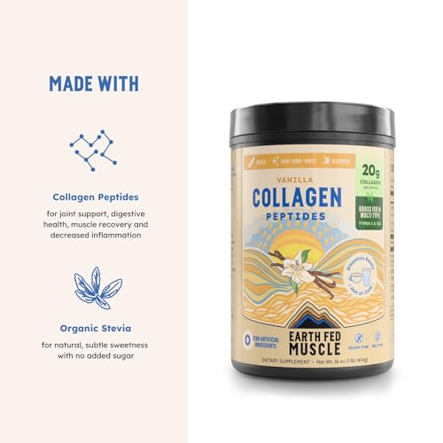 Image of Earth Fed Muscle Vanilla Collagen Peptides, Third-Party Certified. 20g Protein, Vanilla - Grass Fed, Non-GMO, Hormone Free, Gluten Free - Multi-Type - 20 Servings