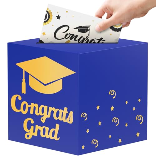 Image of OLANRUN 9 inch Graduation Card Box, Graduation Decorations 2026 - Congrats Grad Foldable Cardstock Money Box for Class of 2026 Grad Party Decor (Blue Gold)