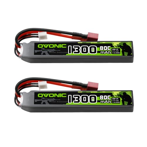 OVONIC 3s Lipo Battery 11.1V 1300mAh 80C with Dean-Style T Plug Lipo Battery for Airsoft Guns(2PCS)