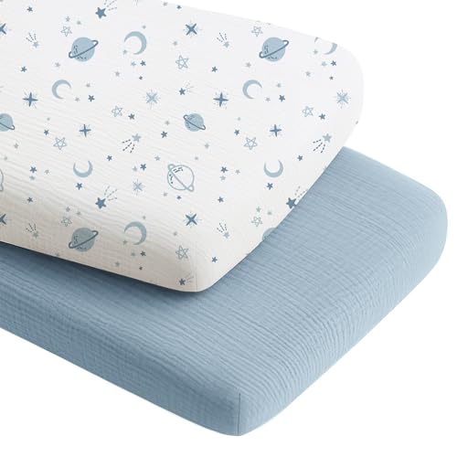 Image of Konssy 2 Pack Muslin Bassinet Sheets for Boys, Girls, 100% Cotton Soft Breathable Fitted Bassinet Mattress Sheet, 33 x 21 inches (Star,Blue)