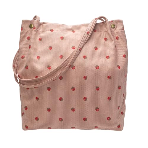 PAZIMIIK Corduroy Tote Bags for Women Reusable Grocery Shopping Shoulder Go-to Everyday Bag with Canvas Lining for Work Travel,Strawberry Pink