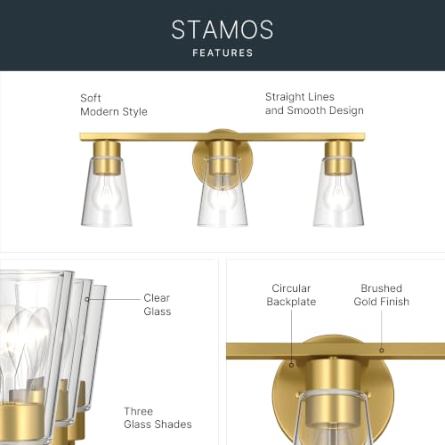 Image of Kichler Stamos 22.25 inch 3-Light Soft Modern Vanity Light with Clear Glass in Brushed Gold, (8.25 inch H x 22.25 inch W), 55121BGCLR
