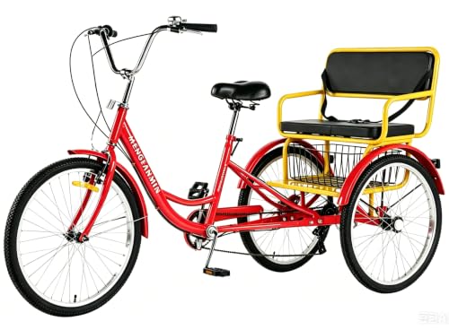 Image of Adult Tricycle Foldable with Child seat 3 Wheel Bicycle for Ladies Tricycle with Basket with Back seat 20 /24in Bikes Maximum Load 550lbs Shock Absorbing Fork Adult-Unisex (Red + Yellow)