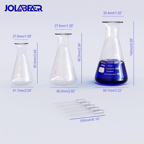 JOLABEAR 18-Piece Lab Glassware Set: 3 Borosilicate Beakers, 3 Flasks & 3 Graduated Cylinders with Plastic Droppers, Stirring Rod & Anti-Tip Rings. Essential for Precise Chemistry Experiments