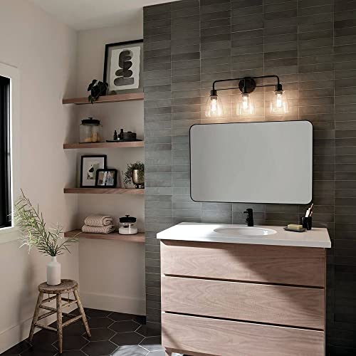 Image of Kichler Meller 3-Light Vanity Light, Black | Vanity light with clear glass for bathroom mirrors and vanities (24 inch x 11.25 inch), 55102BK