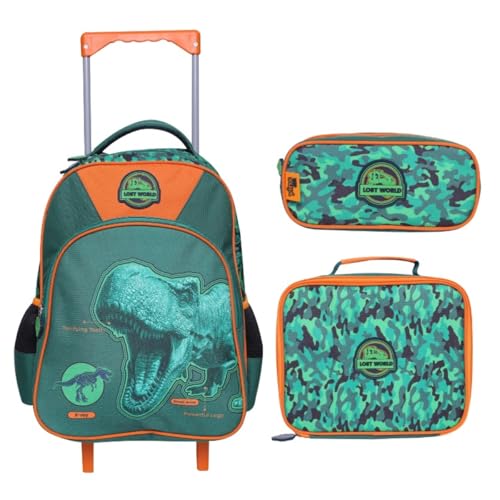 Kit Mochila Rodinha, Lancheira Térmica e Estojo Lost World Yins YS42188 - Kit Completo Escolar, Volta às Aulas. (Verde)