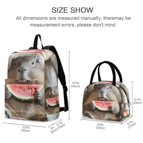 Backpack Lunch Bag Set Watermelon Capybara Print, Big Storage Travel Backpacks with Insulated Lunch Box for Office Hiking Picnic2