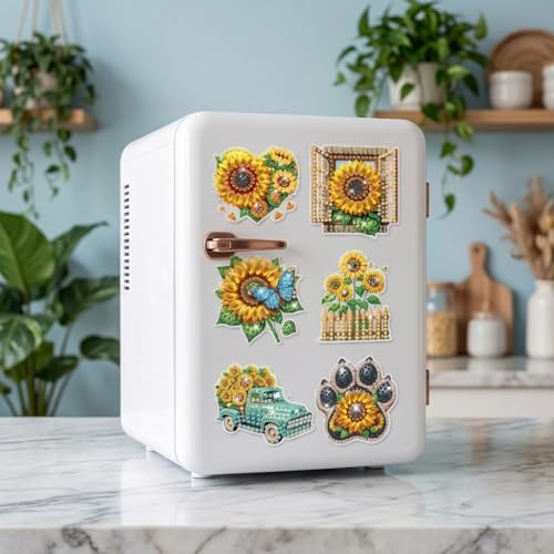 Image of PATPAT 6 Pcs DIY Sunflower Fridge Magnet Diamond Art Kit, 6-Designs Art Refrigerator Magnet Diamonds Paint Ornament Home Decor, Home Decorative Diamond Painting Kit for Kids & Adults