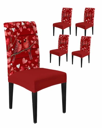 Teamery Dining Room Chair Covers Valentine's Day Love Bird Stretch Slipcovers Set of 4, Farm Red Wood Board Removable Washable Chair Seat Protecter for Kitchen Hotel Wedding Party