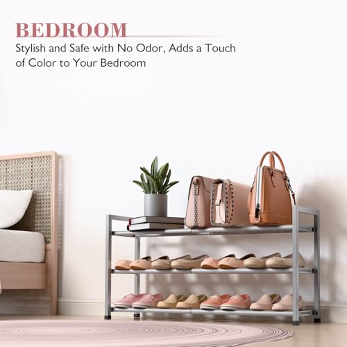 Image of Bumusty 3-Tier Expandable Shoe Rack for Closet, 18 inch-33 inch Adjustable Shoe Rack for Small Space, Small Shoe Organizer for Front Door, Sturdy Metal, Light Grey