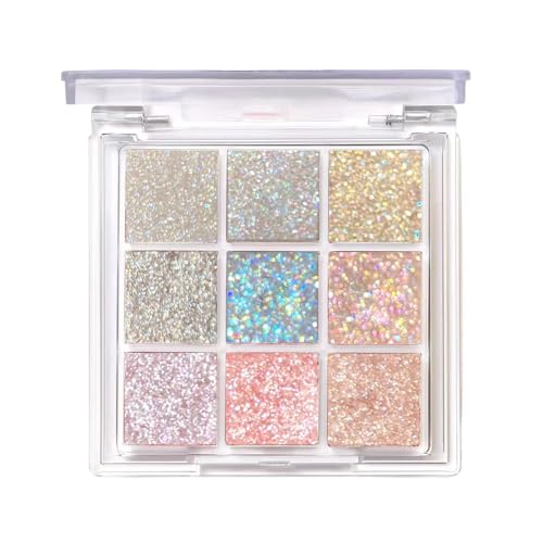 Glitter Eyeshadow Palette 9 Colours Glitter Eyeshadow White Silver Pink Purple Blue Sparkly Eye Make Up Palettes Eye Shadow Pallets for Women Natural Highly Pigmented Shimmer Eyeshadow