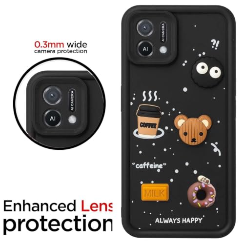 Image of Bintage Cute Fun Ball | Taddy Cartoon 3D Smiley Coffee Cup | Milk Donut | Full Protection Rubber Back Cover Compatible for Oppo CPH2349 / Oppo A16k - Black