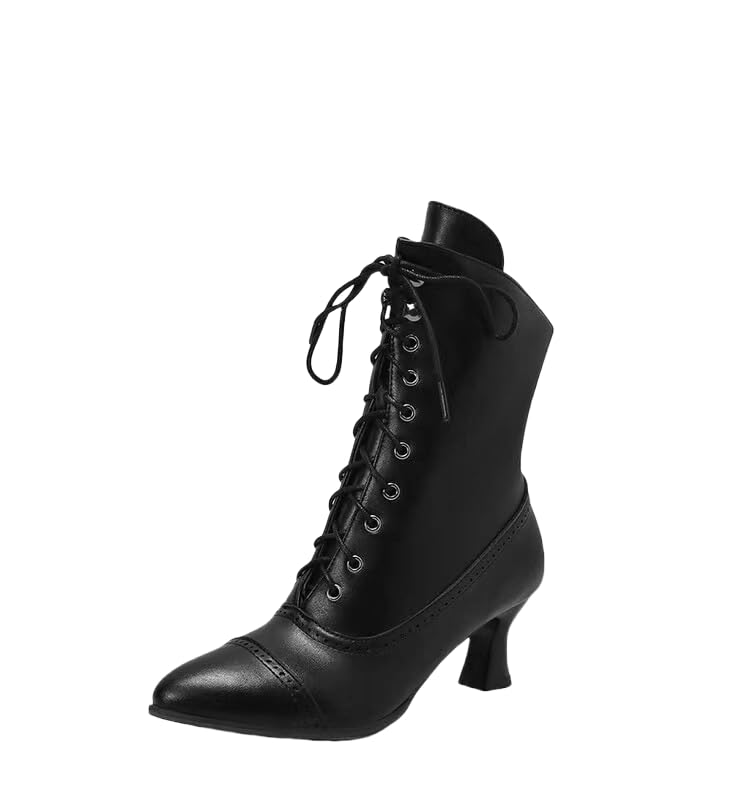 Womens Vintage Style Renaissance Boots Pointed Toe Chunky Heel Ankle Boots Low Heel Lace Up Booties with Zipper