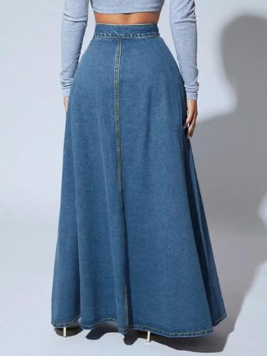 Women Denim a Line Single Breasted High Waist Jeans Vintage Maxi Simple Casual Elegant Splice Long Skirt (Dark Blue,Small)4