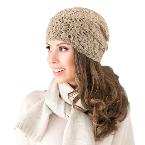 Nogsay Gorros de punto de verano para mujer, hechos a mano, gorro de ganchillo holgado, gorro de verano fino y ligero, beige, M