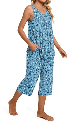 Image of TAOHUADAO Womens Summer 2 Piece Pajama Sets, Sleeveless Tops with Capri Pants, Lounge Ladies Pjs Sets with Pockets