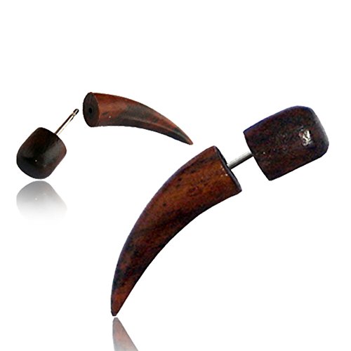 Spike Fake Taper Gauges for Women or Men - Faux Gauge Earrings with Organic Wood and Surgical Steel - Fake Plugs Sold as a Pair in Black or Brown