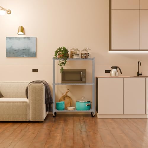 Image of 3-Shelves Wheels Heavy Duty Steel Storage Rack | Multipurpose Shelving Unit for Kitchen, Home & Utility | Grey, 3 Shelves Wheels