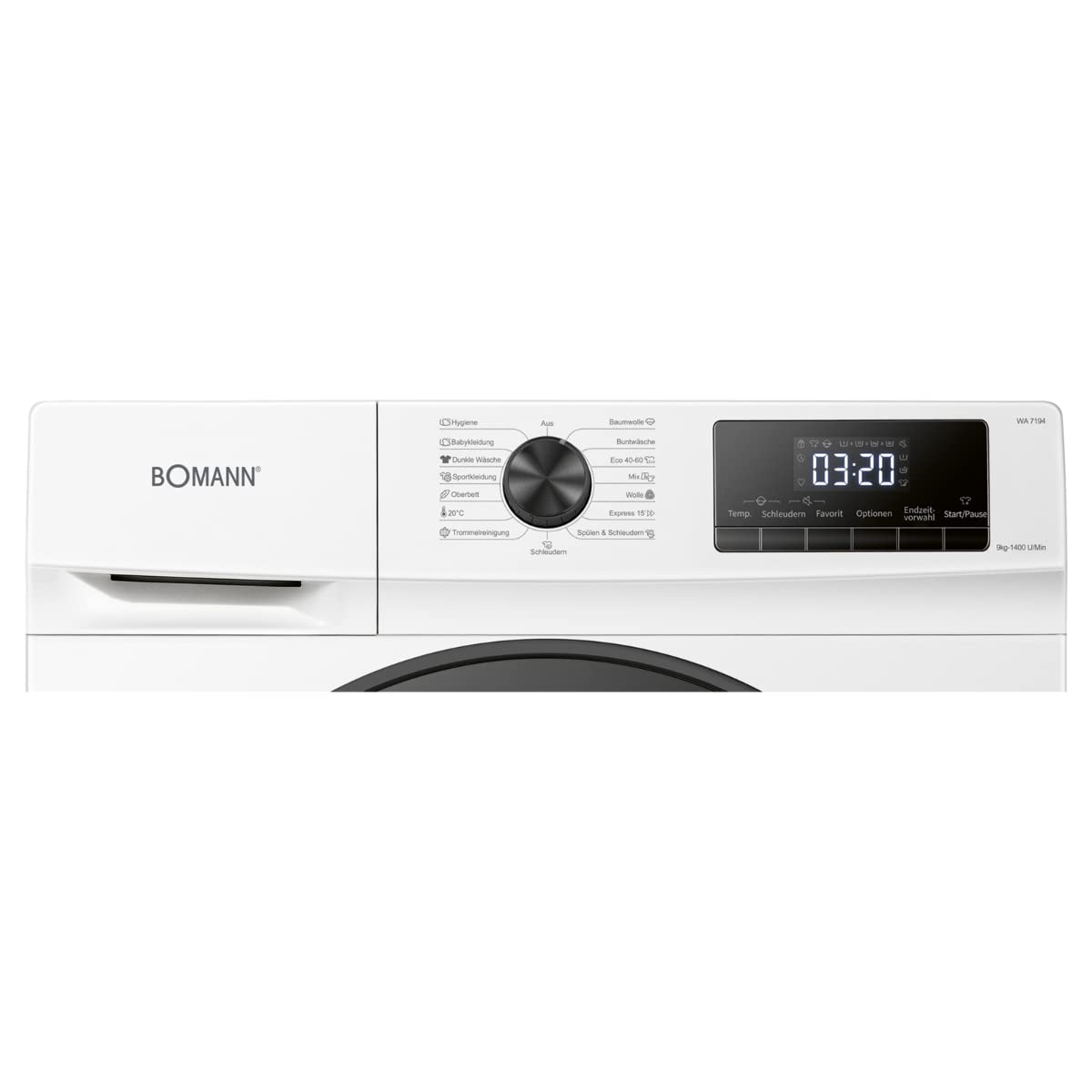 Bomann WA 7194 Waschmaschine, 9kg Fassungsvermögen, 15 Waschprogramme, Schleuder-Umdrehung 1.400 U/min.(max), LED-Display, Kindersicherung, Dampffunktion, Frontlader, Invertermotor, weiß
