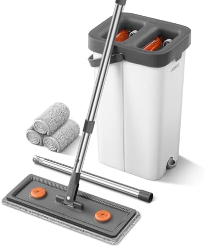 Mop and Bucket with Wringer Set for Home, Flat Mop Bucket Set with 3 Washable Microfiber Pads, Wet and Dry Mop with Long Handle,Wall Cleaner for All Floor Types and Windows