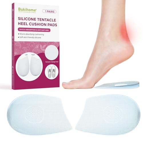 Taloneras de gel con masaje para fascitis plantar – Bukihome 2 pares con puntos de masaje, taloneras para zapatos que alivian dolor y espolón, talla L (40-44)
