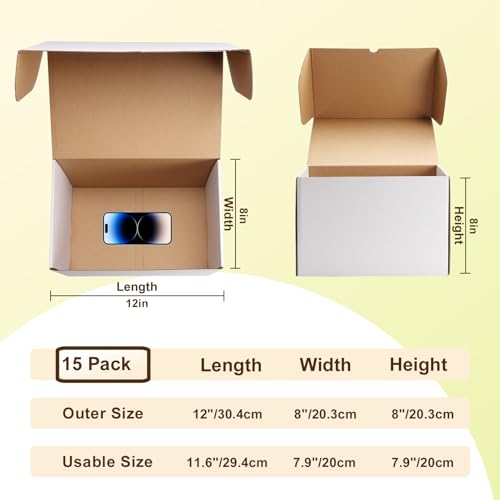 Image of WIFTREY 15 Pack 12x8x8 Small Shipping Boxes, 12 x 8 x 8 Corrugated Cardboard Mailer Box for Packaging Small Business, White